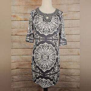 INC International Concepts NWT Rhinestone Collar Gray Paisley Dress Size Large